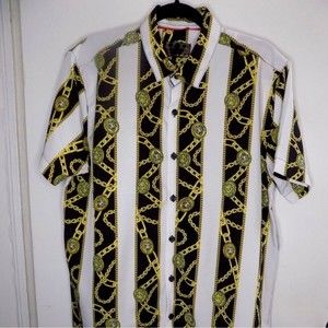 NEW Baroque Gold Italian Designer Style Mens Shirt Medus Chains  Size LARGE